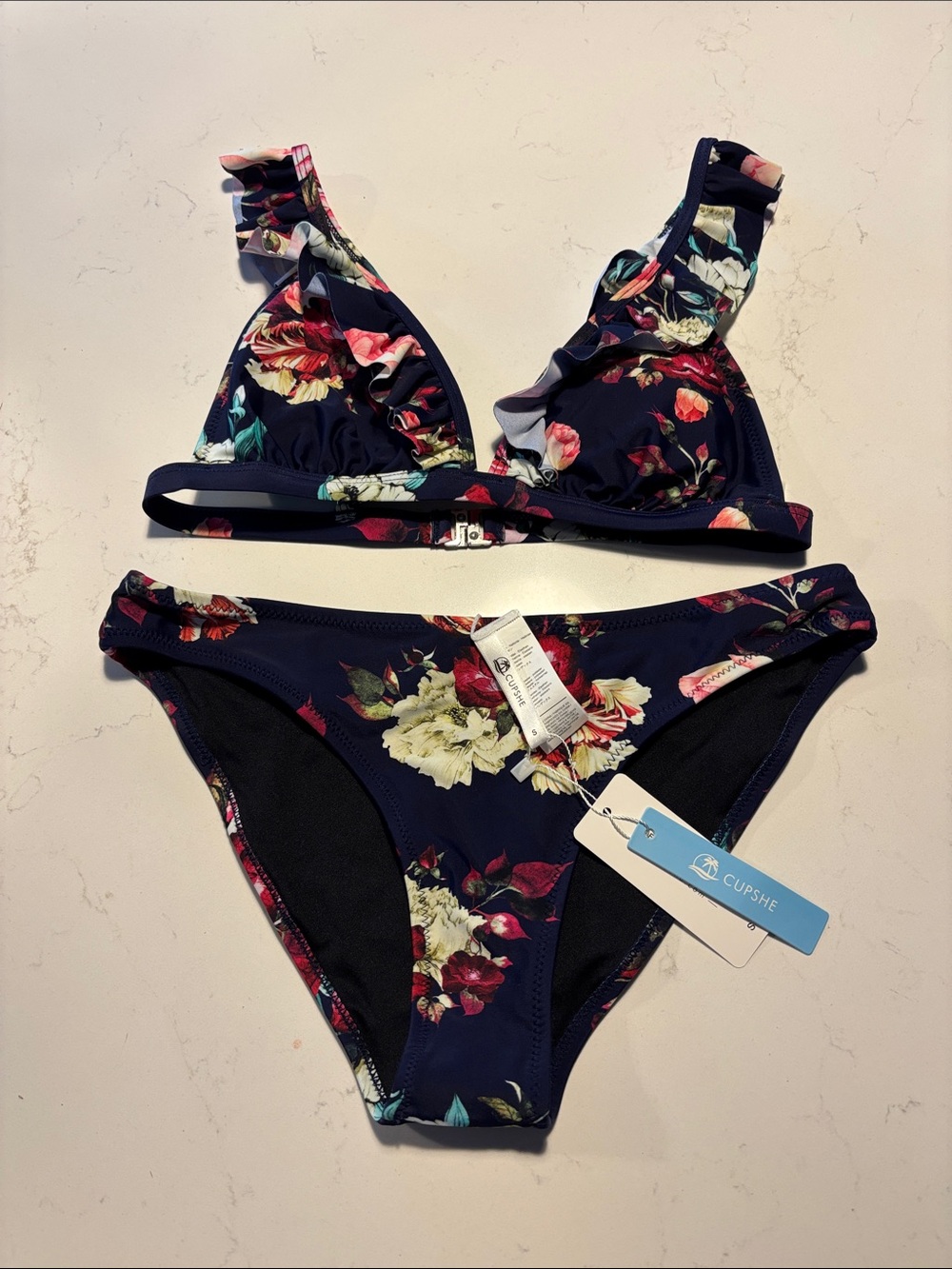 Cupshe Navy Floral Ruffle Bikini Set